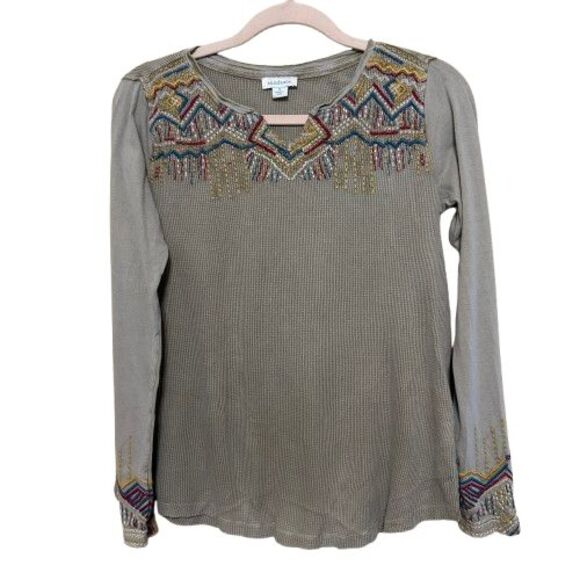 Sundance Thermal Top Womens Small Tan Embroidered Geometric Southwestern Boho - Picture 1 of 7